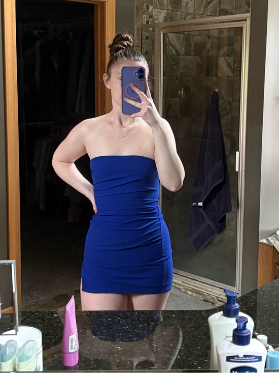 Lucy in the Sky Dresses & Skirts - Lucy in the Sky Blue Strapless Mini Dress with Thigh Slit